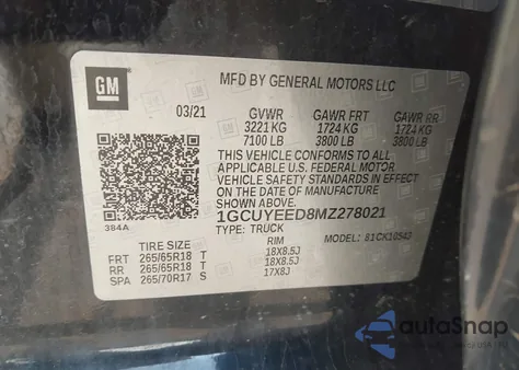 2021 Chevrolet Silverado 1500 4Wd Short Bed Rst from USA, damaged, VIN 1GCUYEED8MZ278021